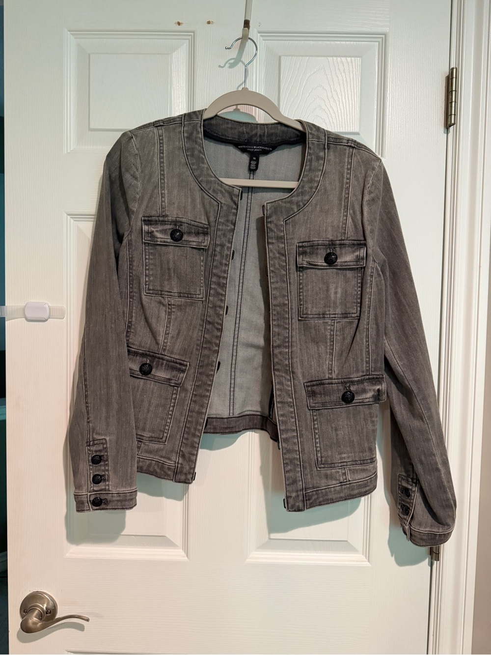 White House Black Market Washed Gray Collarless Denim Jacket